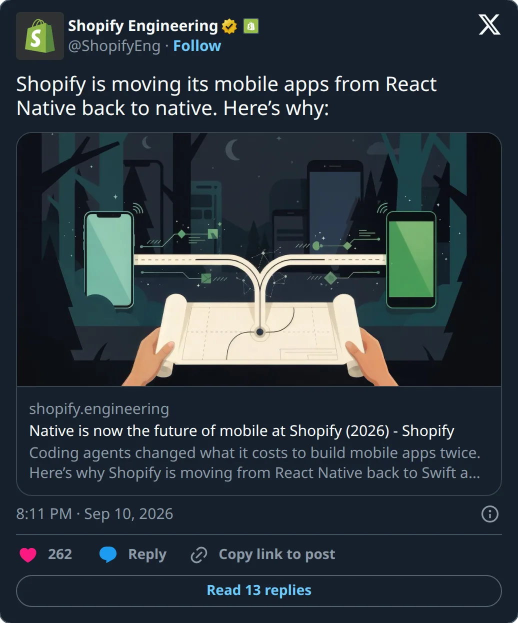 Shopify Engineering (@ShopifyEng) announcing that Shopify is moving its mobile apps from React Native back to native.